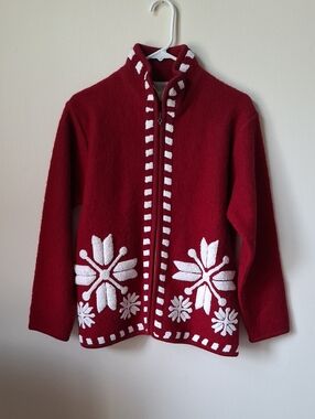 Vintage Laura Leigh Ltd Red Snowflake Boiled Wool Sweater Jacket Size M